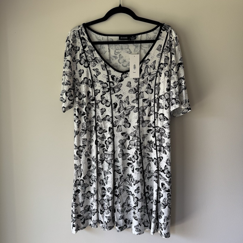 Evans NWT Black White Butterfly Dress 16 Short Sleeve Scoop Neck Jersey Midi